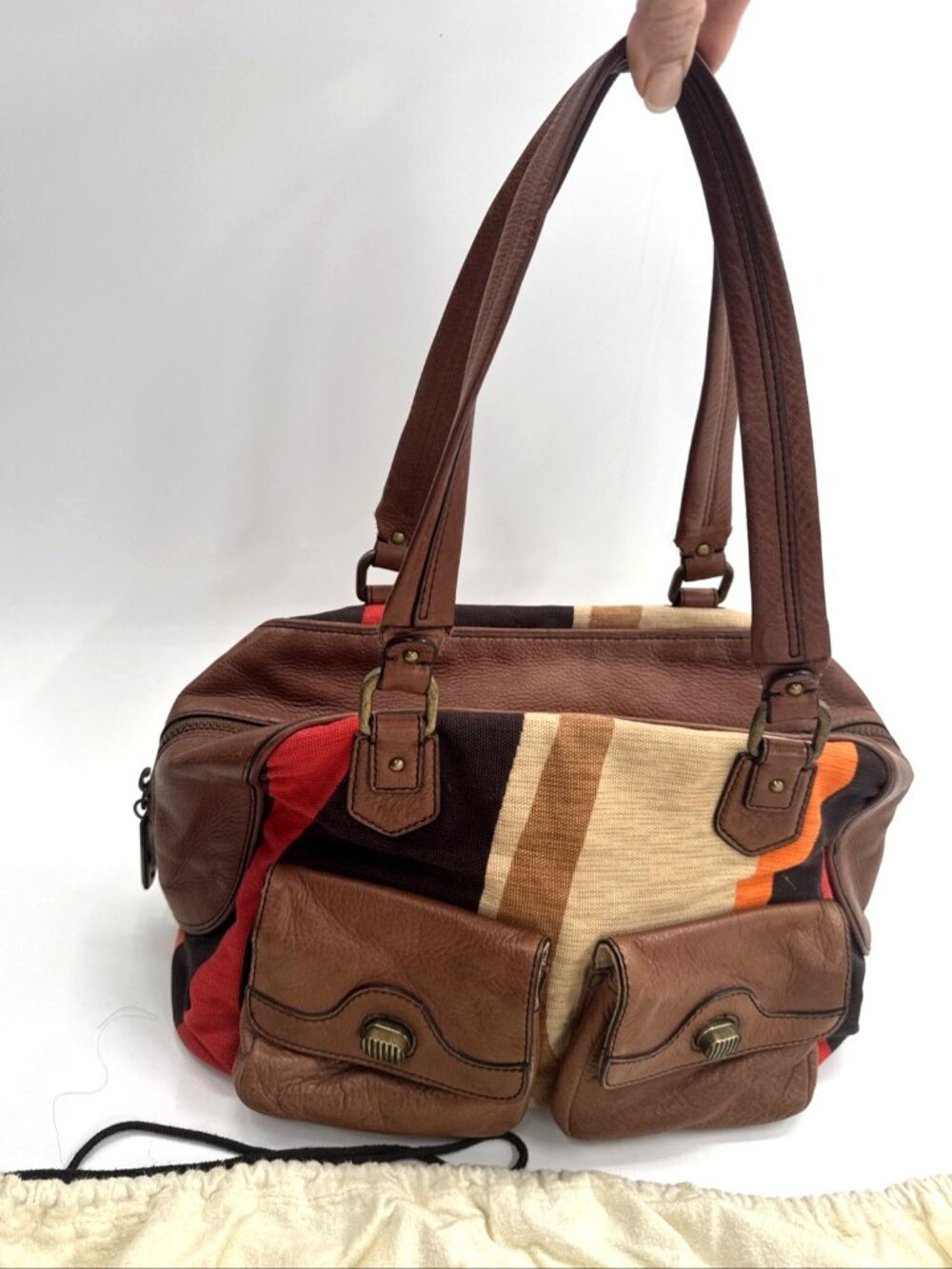 Cole Haan Striped Handbag Brown Leather Canvas Shoulder Aztec Double Handle Boho - Picture 12 of 12